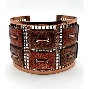 Vintage Matisse Renoir Bracelet Cuff Copper Enamel Basketweave Grid MCM
